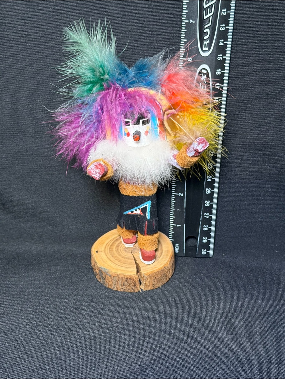 Handcrafted Navajo Hena Beaver Rainbow Dancer Kachina Doll Colorful Feathers 5.5